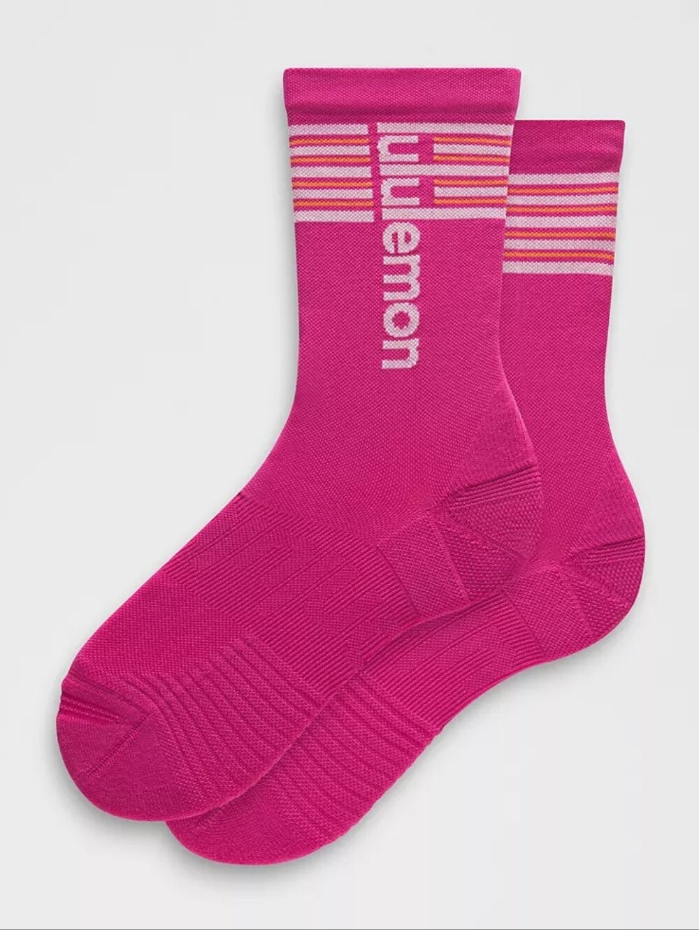 Lululemon Power Stride Crew Socks in Pink Flare with White Stripe Sz Medium